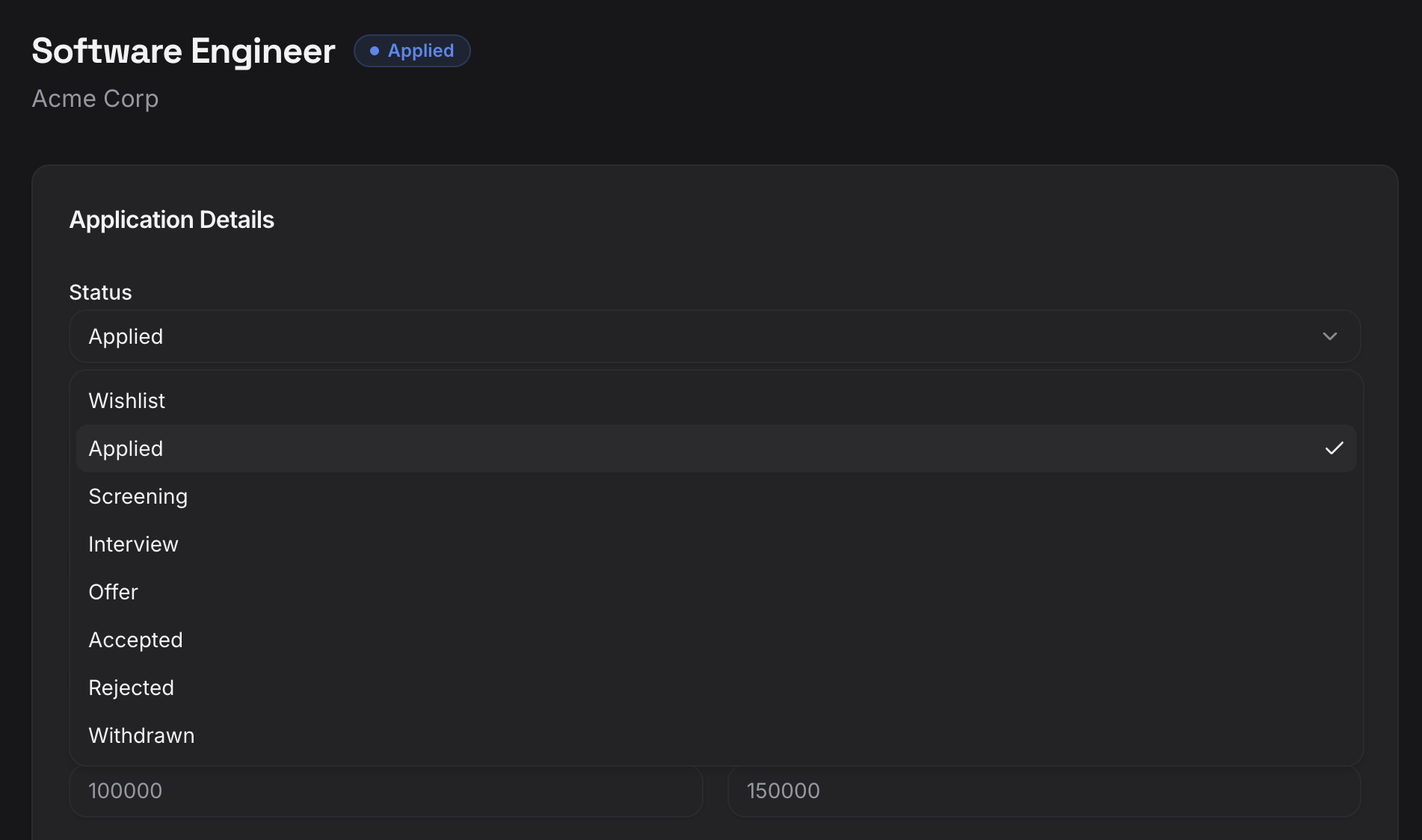Status dropdown on application detail page