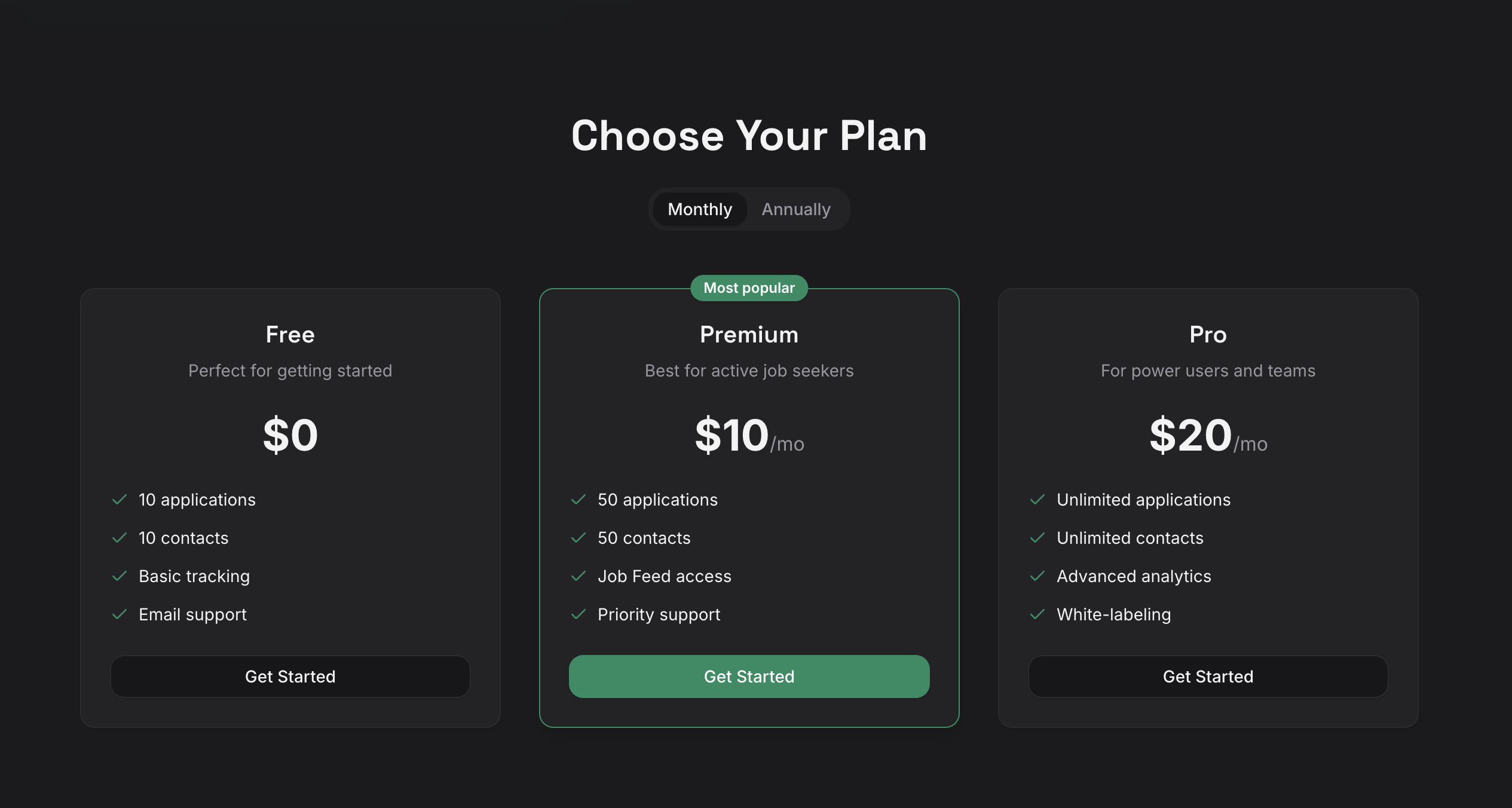 JobHawk pricing table with Get Started buttons
