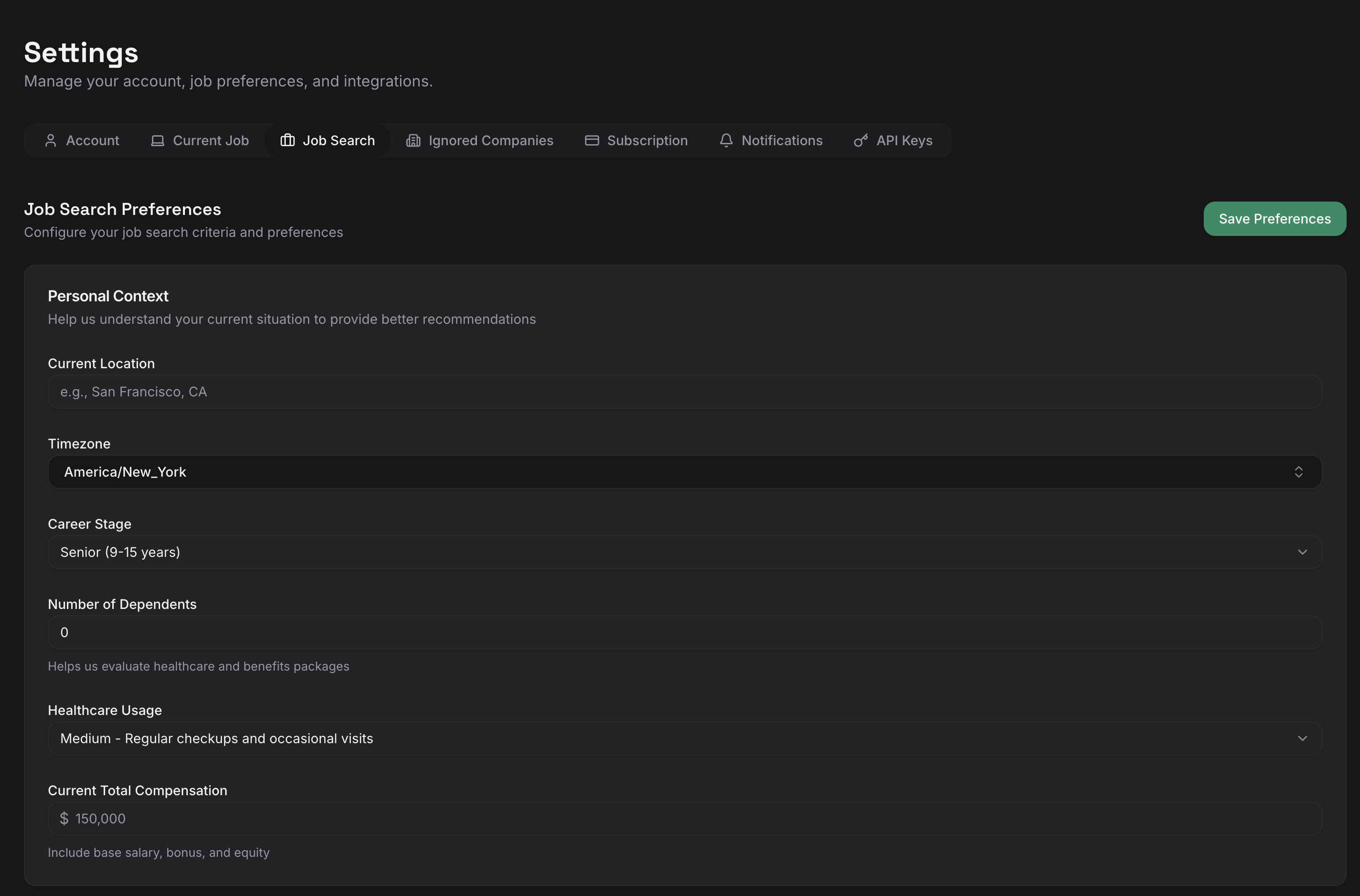 Job preferences settings panel